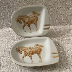 Norleans Vintage Prancing Stallion Ashtray Set of 2 MCM Gold Trim Horse Den Barn